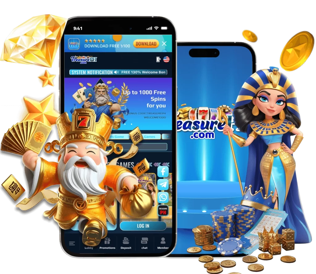 TREASUREPH Smartphone screen showing a casino app download interface