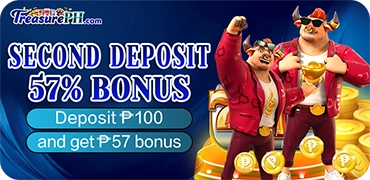TREASUREPH Golden coins and bonus percentage graphic in a casino theme